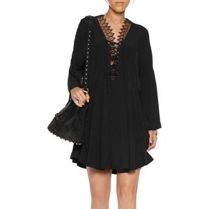 IRO Tiana Lace Trim Lace-Up Crepe De Chine Mini Dress Black Bell Sleeves 8